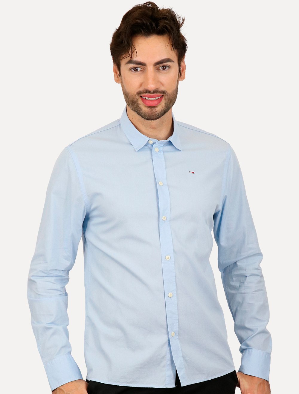 Camisa Tommy Jeans Masculina Slim Original Stretch Azul Claro