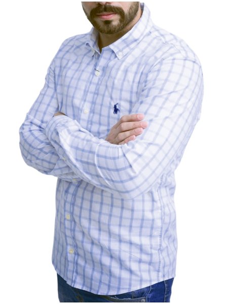 Camisa Ralph Lauren Masculina Custom Xadrez Check Points Azul Branca