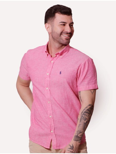 Camisa Ralph Lauren Masculina Manga Curta Linho Navy Icon Rosa Mescla