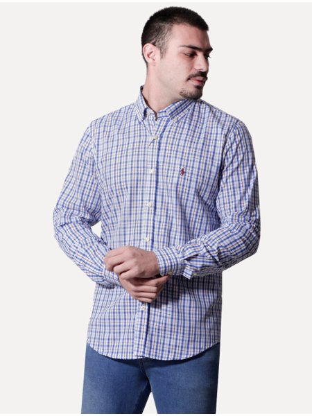 Camisa Ralph Lauren Masculina Custom Fit Atenas Xadrez Azul Royal/Branca