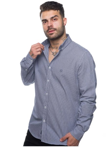 Camisa Slim Fit Xadrez Azul Petróleo