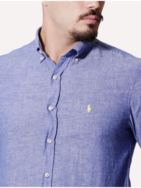 Camisa Ralph Lauren Masculina Linho Lima Icon Azul Royal Mescla