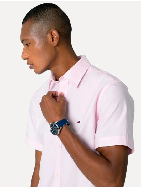 Camisa Tommy Hilfiger Masculina Manga Curta Regular Core Oxford Rosa Claro