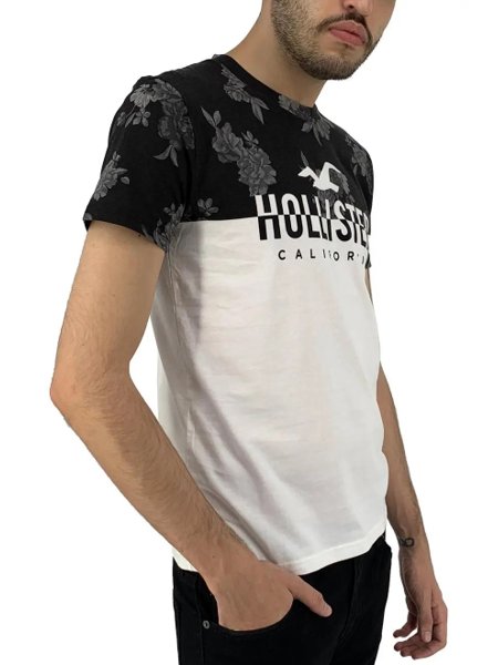 Camiseta Hollister Masculina Colorblock Floral Split Logo Branco