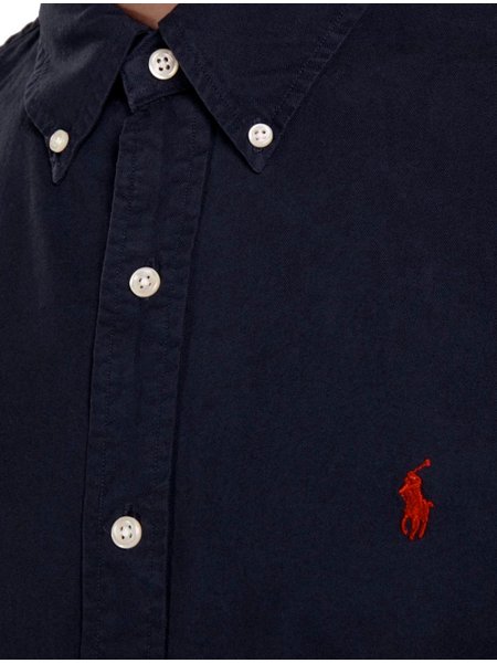 Camisa Ralph Lauren Masculina Custom Fit Oxford Red Logo Azul Marinho
