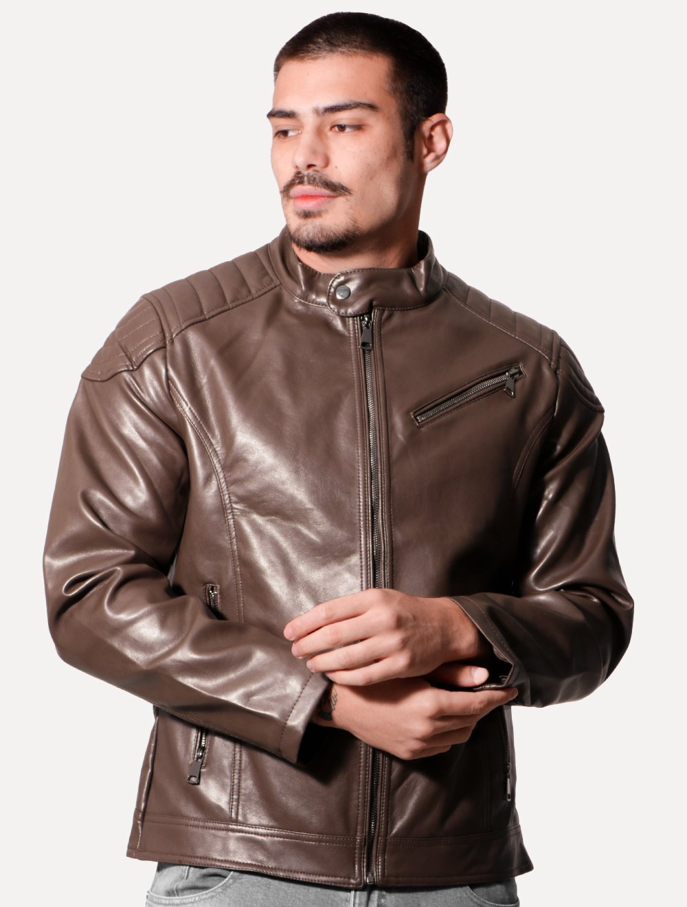 Jaqueta Victory Eagle Masculina PU Leather Zip Chest Marrom