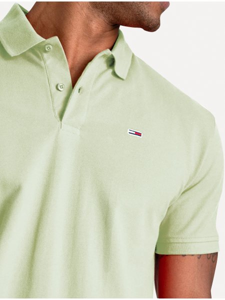 Polo Tommy Jeans Masculina Slim Piquet Flag Placket Verde Claro