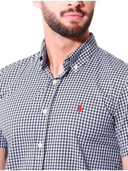 Camisa xadrez de algodão stretch com mangas curtas (Azul-marinho) - Homens