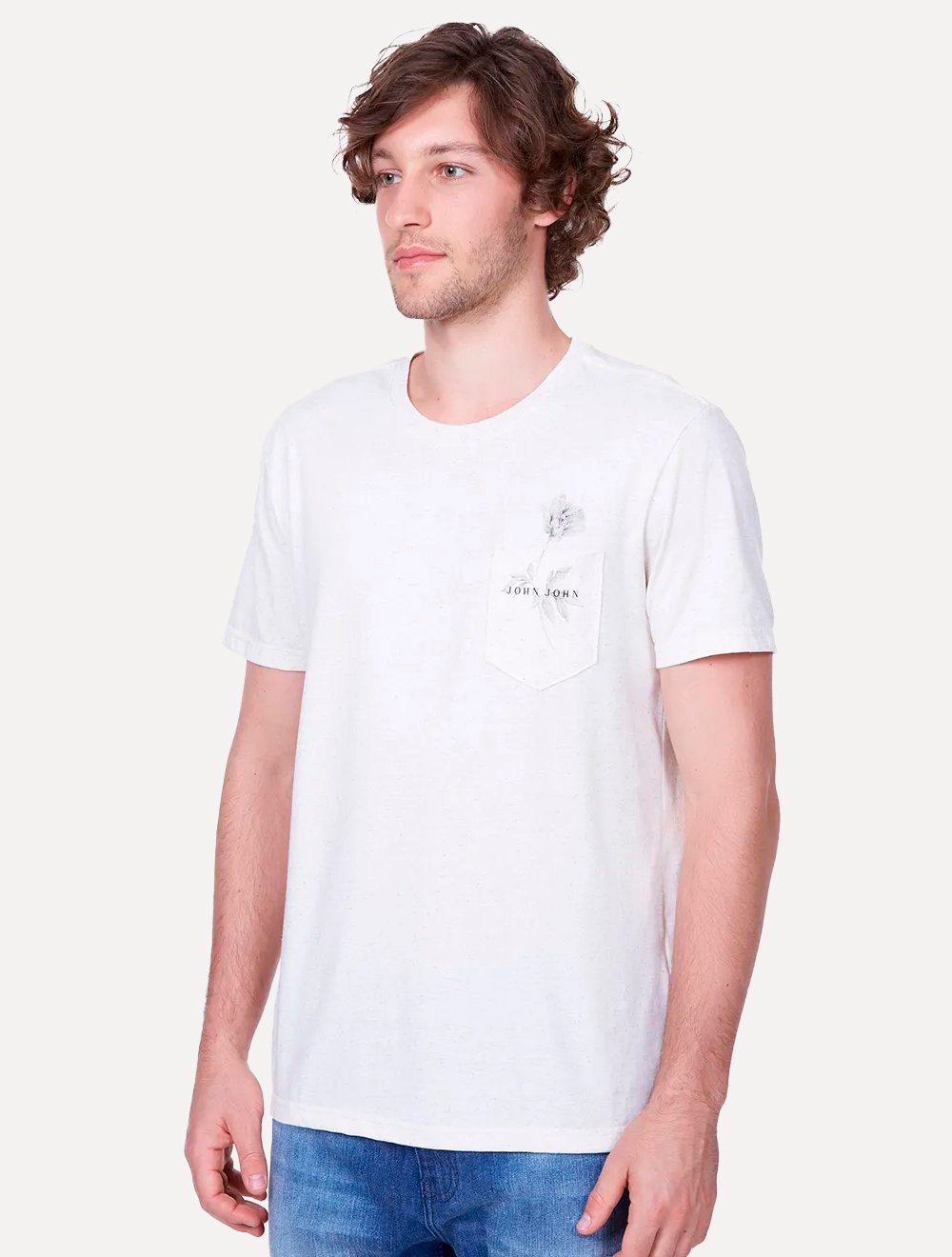 Camiseta John John Masculina Regular Flower Logo Mescla Off-White
