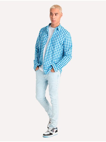 Camisa Tommy Jeans Masculina Xadrez Essential Branca/Azul