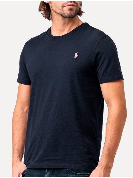 Camiseta Ralph Lauren Masculina Custom Slim Fit Pink Icon Azul Marinho
