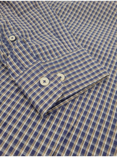 Camisa Dudalina Masculina Slim Superfine Cotton Xadrez Grid Cáqui/Azul Escuro