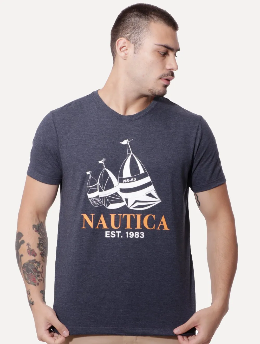 Camiseta Nautica Masculina Sailboat Logo Serif Azul Marinho Mescla