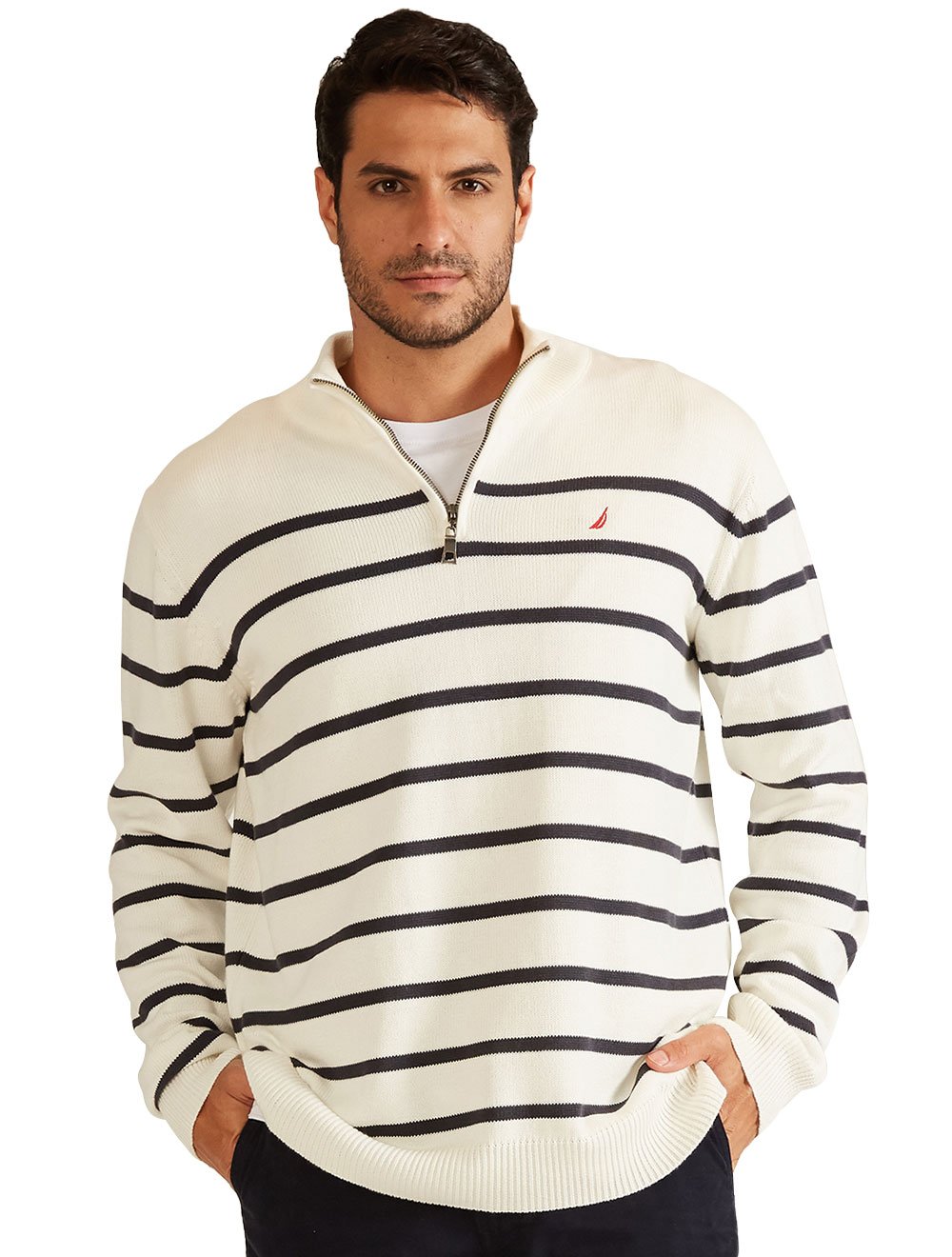 Blusa Nautica Masculina Tricot Sweater Half-Zip Navy Stripes Off-White
