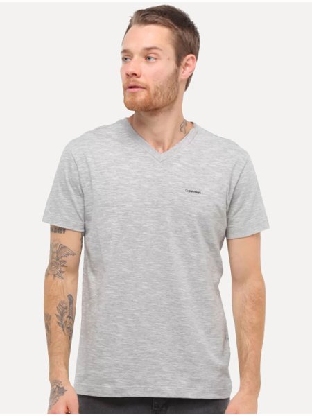 Camiseta Calvin Klein Masculina V-Neck Logo Flamê Cinza Mescla