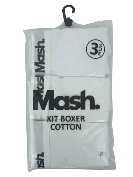 Cueca Mash Boxer Cotton Spandex Black Logo Branca Pack 3UN