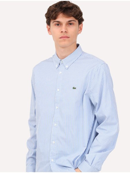 Camisa Lacoste Masculina Regular Striped Cotton Azul Claro/ Branca