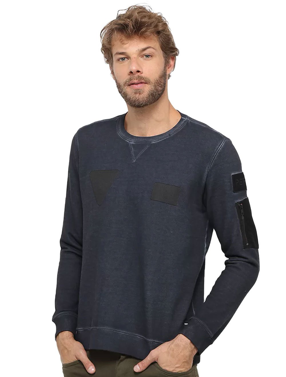 Moletom Replay Masculino Crewneck Stoned Patch Detail Azul Marinho Mescla