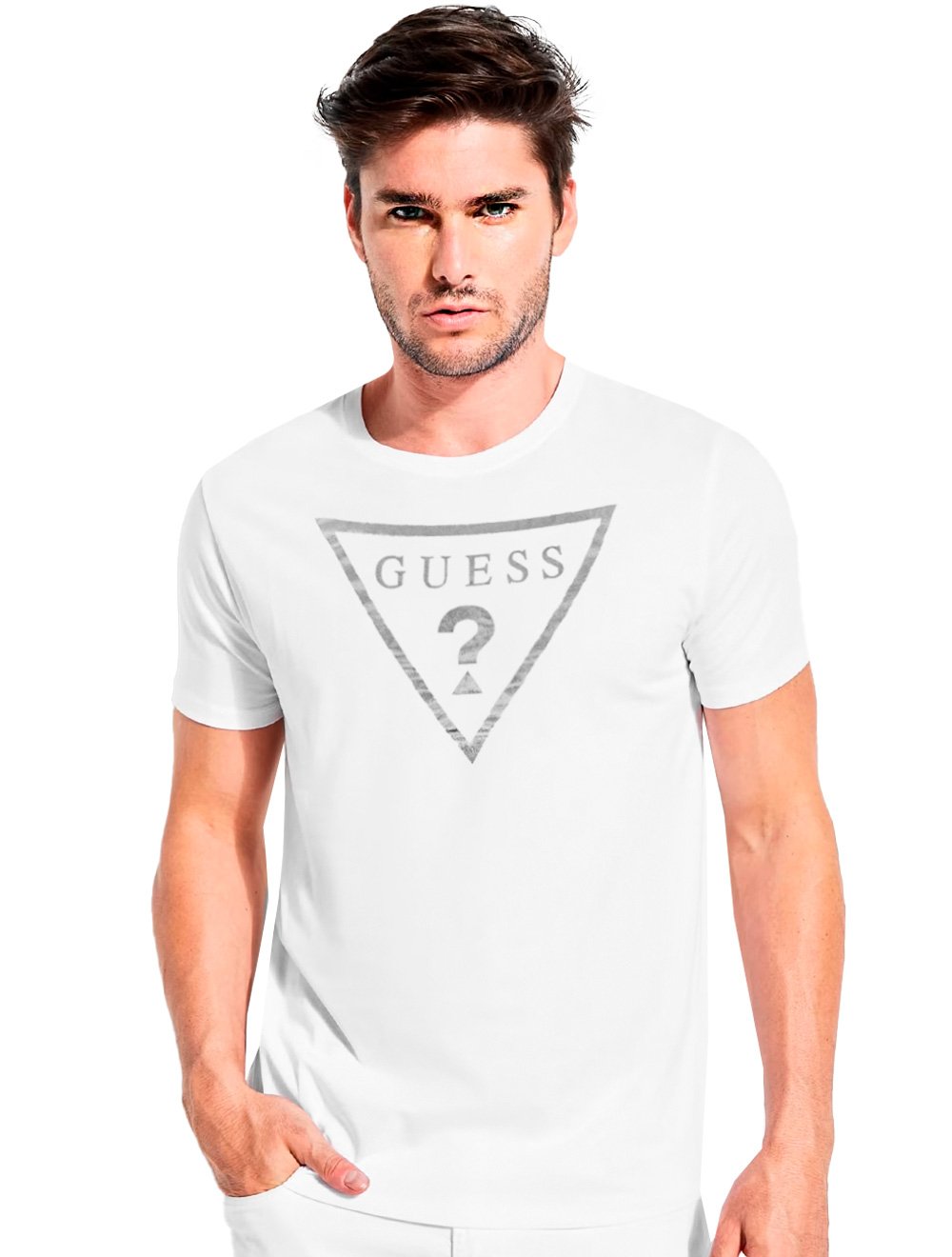 Camiseta Guess Masculina Classic Silver Shine Logo Print Branca
