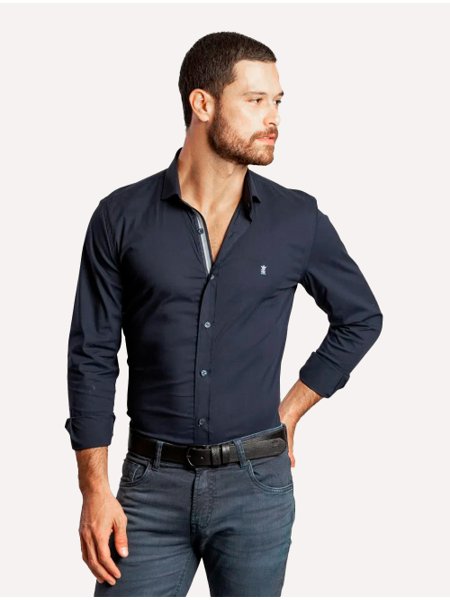 Camisa Sergio K Masculina Slim Fit Elastano Dark Gorgurão Azul Marinho