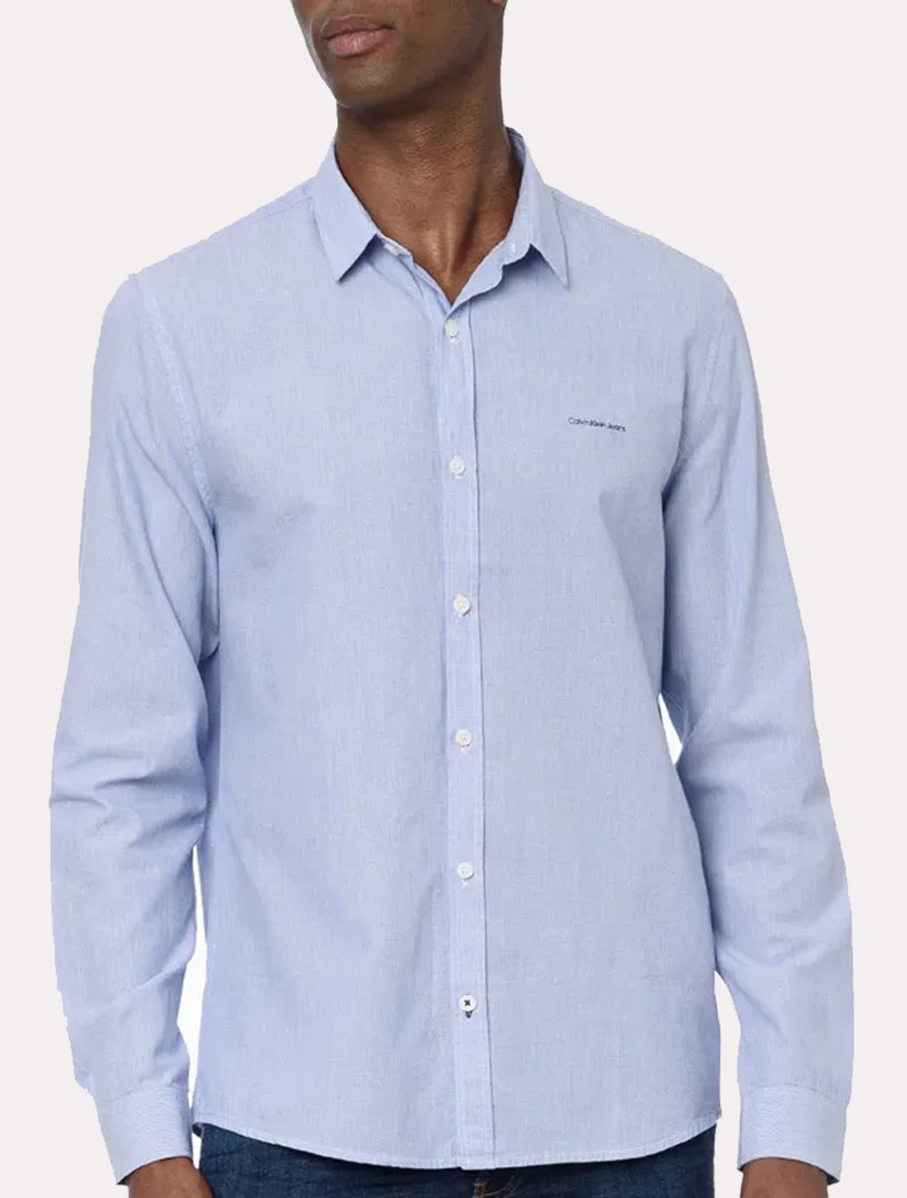 Camisa Calvin Klein Jeans Masculina Slim Listrada Silk Logo Azul Médio