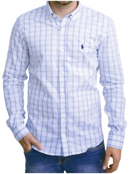 Camisa Ralph Lauren Masculina Custom Xadrez Check Points Azul Branca