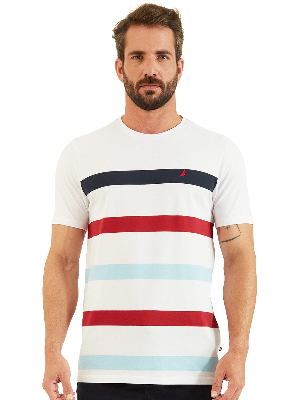 Camiseta Nautica Masculina Piquet Color Stripes Icon Branca