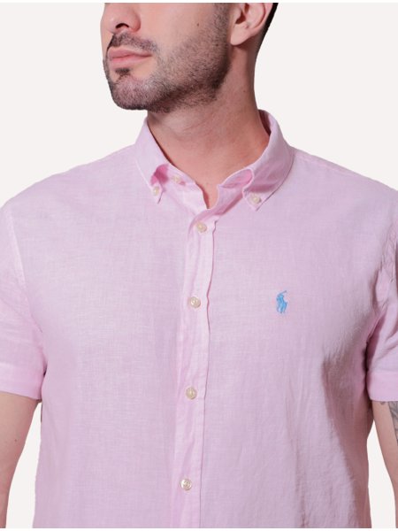 Camisa Ralph Lauren Masculina Manga Curta Linho Blue Icon Rosa Claro Mescla