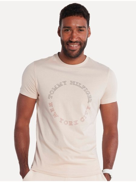 Camiseta Tommy Hilfiger Masculina Monotype Roundle Logo Cáqui Claro