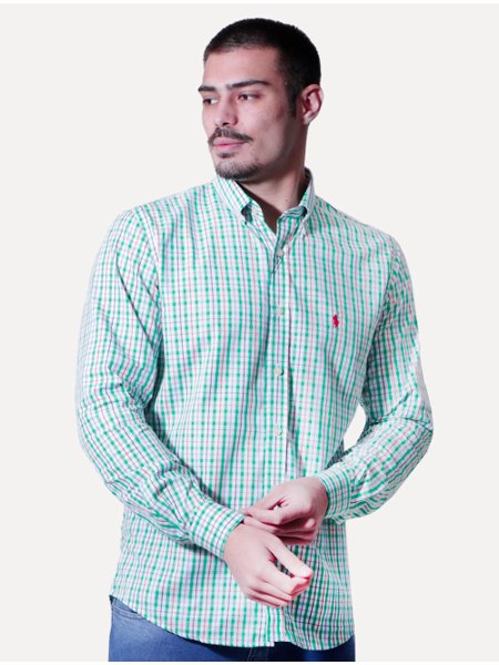 Camisa Ralph Lauren Masculina Custom Fit Atenas Xadrez Verde/Branca