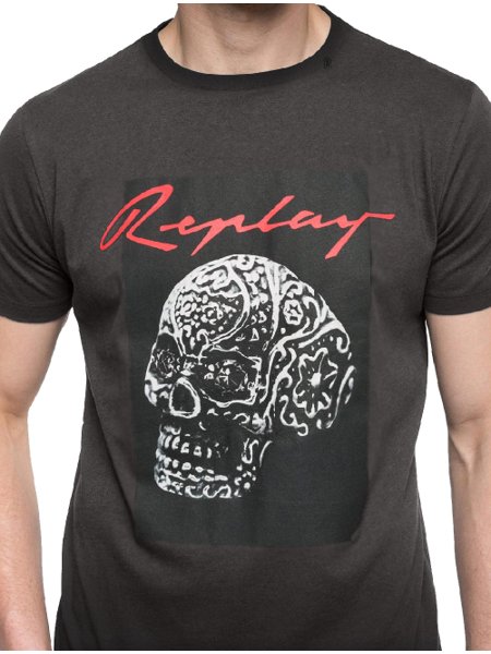 Camiseta Replay Masculina Helmet Skull Grafite