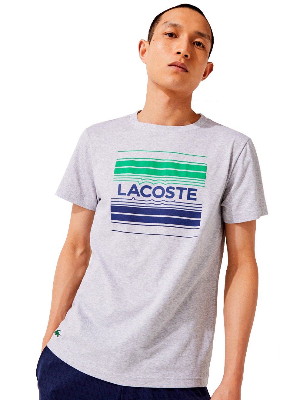 Camiseta Lacoste Masculina Jersey Sport Lines Logo Graphic Cinza Mescla