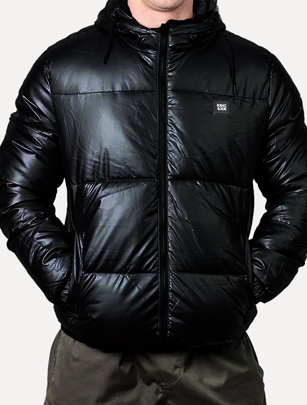 Jaqueta King & Joe Masculina PU Puffer Capuz Preta | Secret Outlet