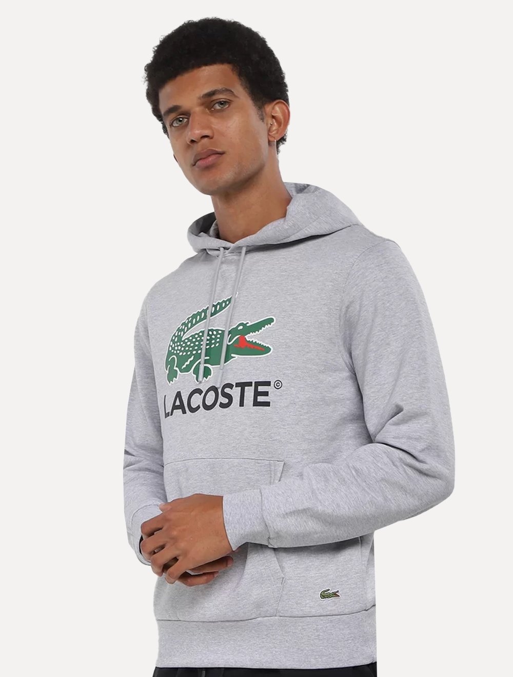 Moletom Lacoste Masculino Hoodie Classic Fit Cotton Fleece Logo Cinza Mescla