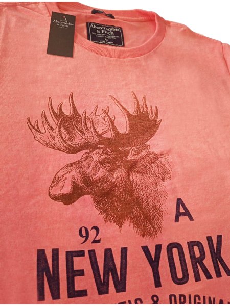 Camiseta Abercrombie Masculina Muscle Moose A92 New York Print Rosa Mescla