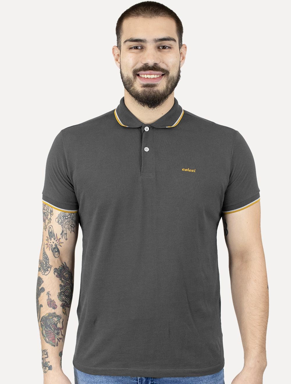 Polo Colcci Masculina Piquet Gold Gray Frisos Simple Logo Grafite