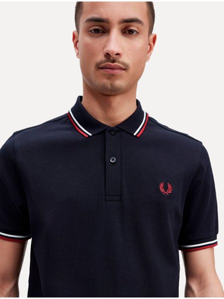 Polo Fred Perry Masculina Piquet Regular Burnt Twin Tipped Azul Marinho