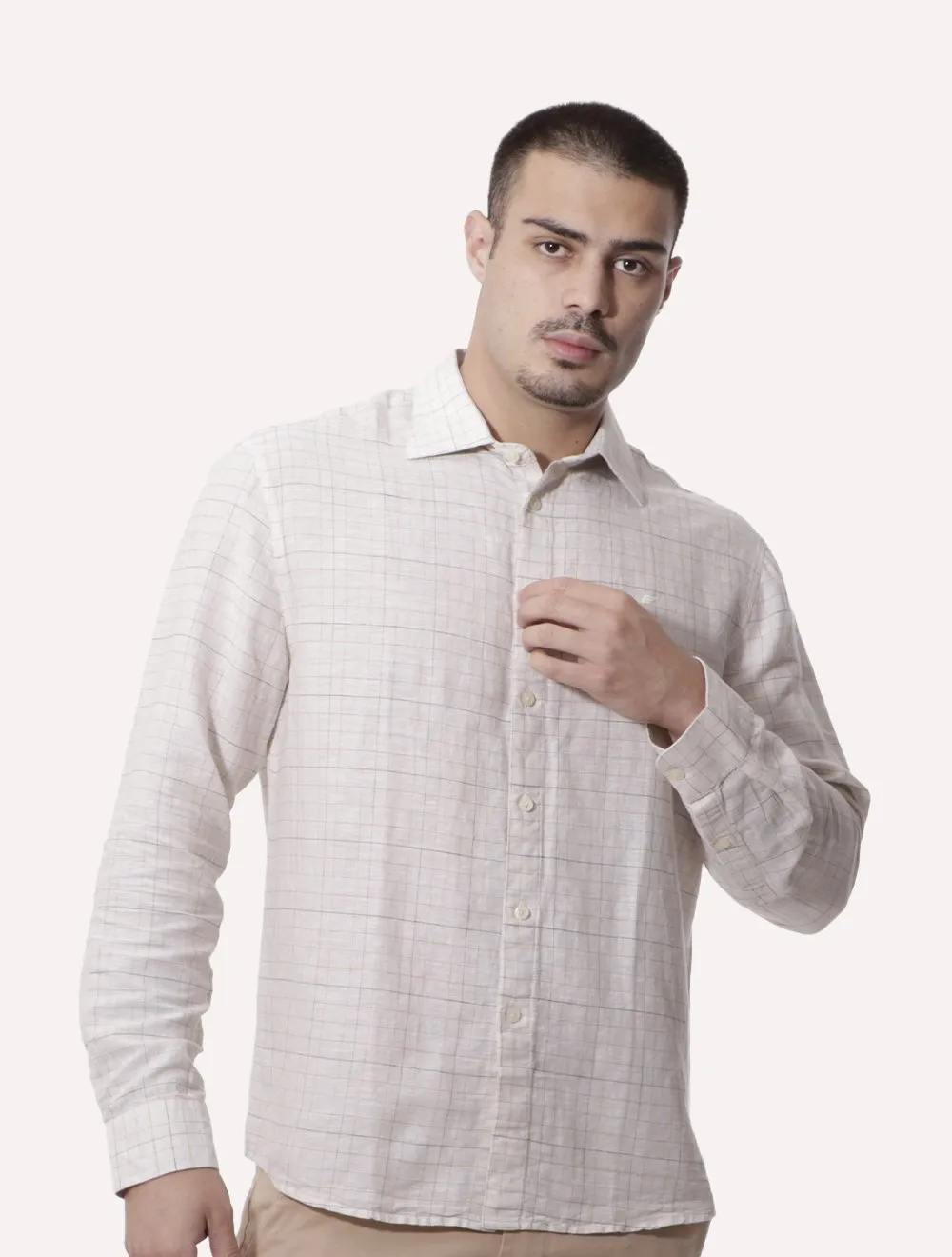 Camisa Ellus Masculina Regular Linen Blend Breeze Italian Xadrez Off-White