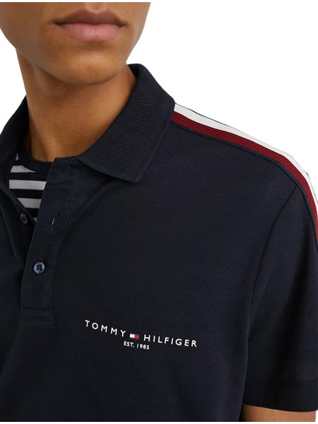 Polo Tommy Hilfiger Masculina Regular Global Stripe Shoulder Azul Marinho