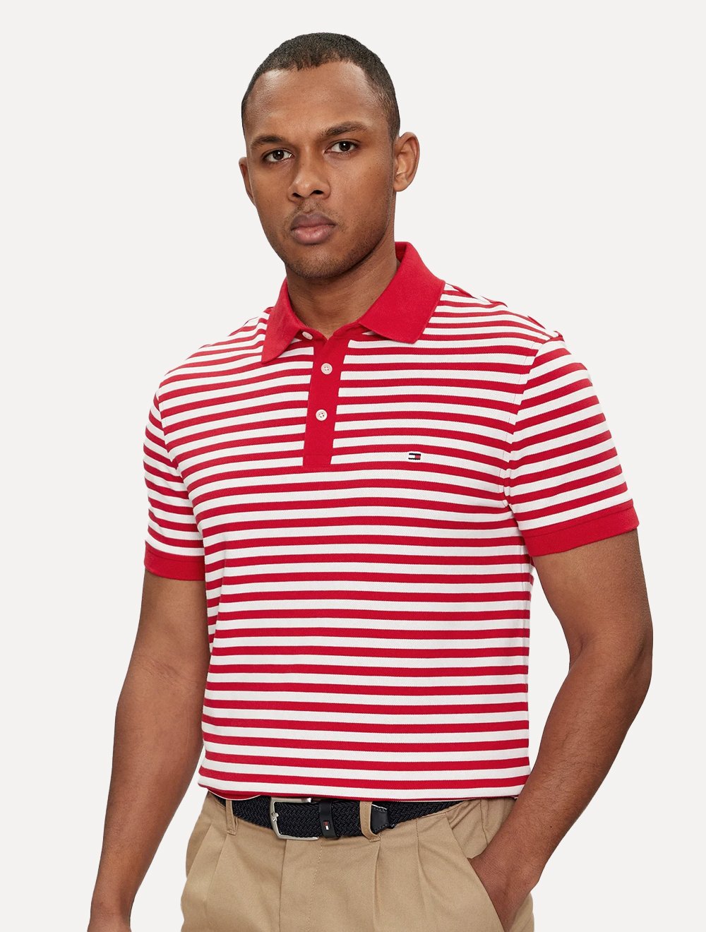 Polo Tommy Hilfiger Masculina Slim Piquet 1985 Striped Branca