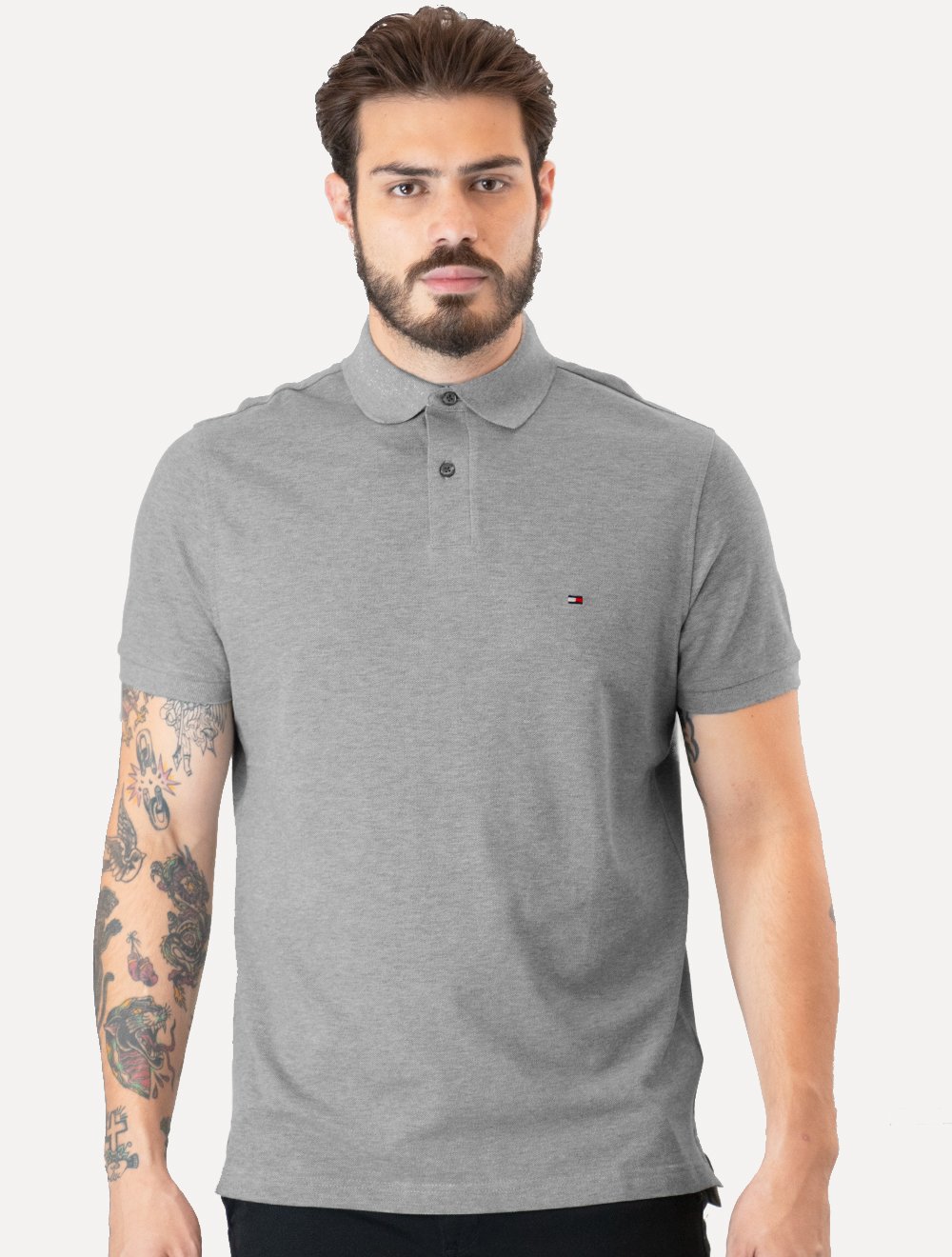 Polo Tommy Hilfiger Masculina Regular Piquet 1985 Cinza Mescla