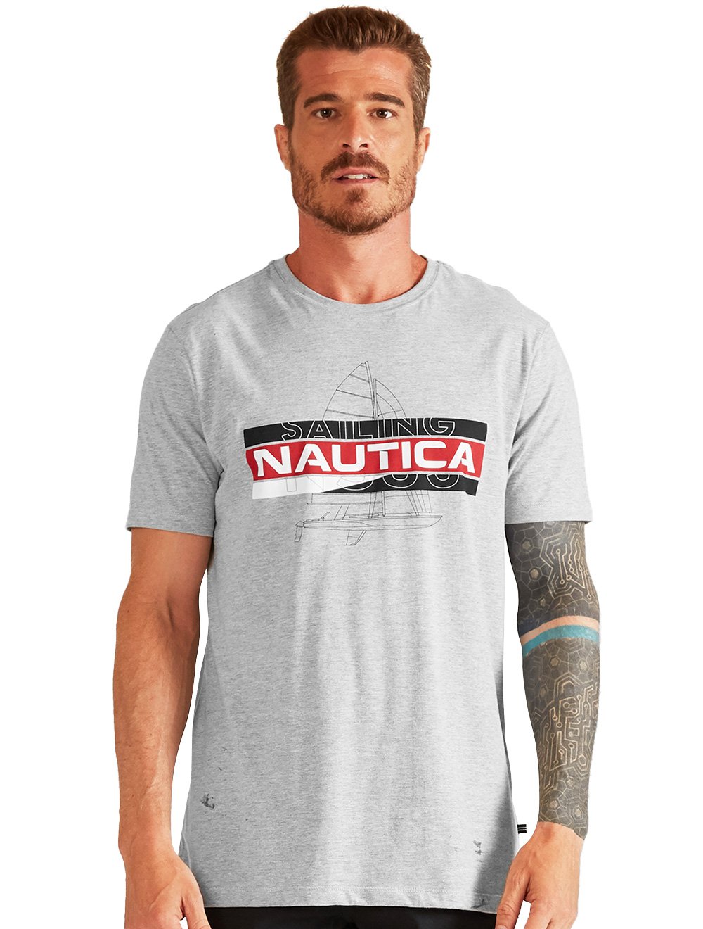 Camiseta Nautica Masculina Line Sketch Sailing Cinza Mescla