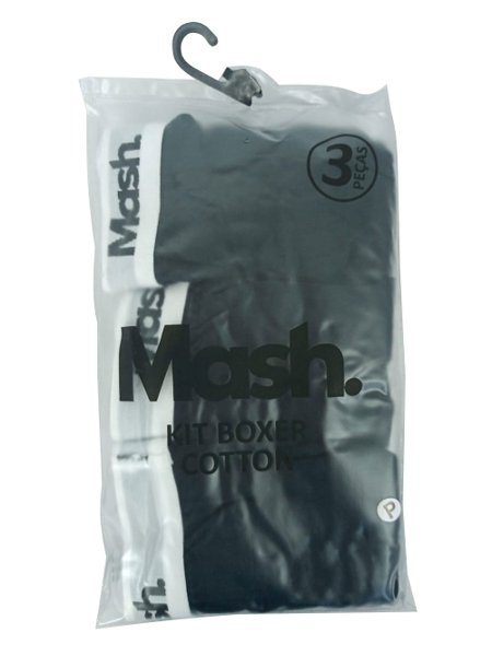 Cueca Mash Boxer Cotton Spandex Black Logo Preta Pack 3UN