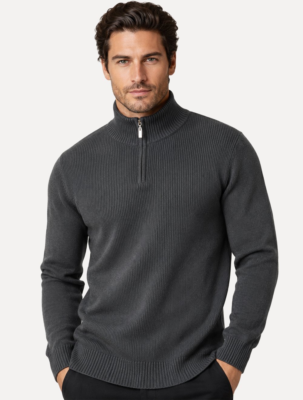 Suéter Dixen Masculino Tricot Straights Half-Zip Gola Alta Cinza
