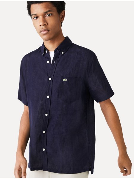 Linho Azul Marinho Camisa Slim Manga Curta Camisa Lacoste