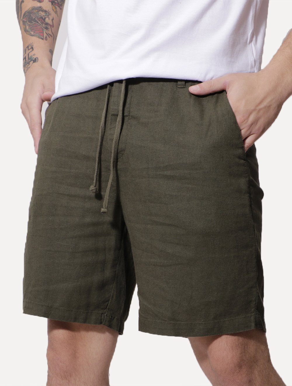 Bermuda Calvin Klein Jeans Masculina Linho Cadarço Verde Militar