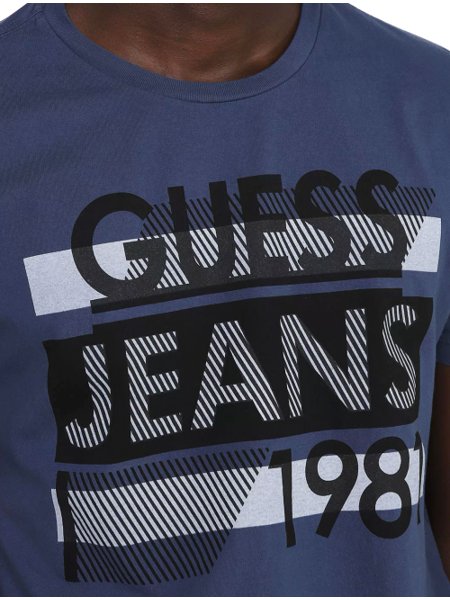 Camiseta Guess Masculina Silk Logo Scratchs Azul Índigo