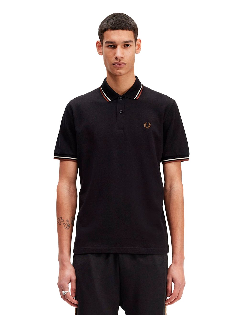 Polo Fred Perry Masculina Piquet Regular White Brown Twin Tipped Preta
