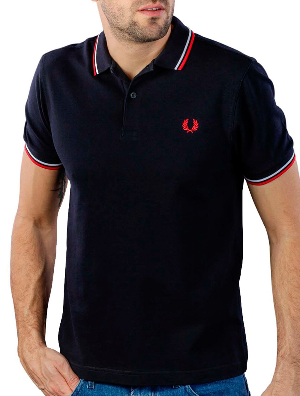 Polo Fred Perry Masculina Piquet Regular Red White Twin Tipped Azul Marinho