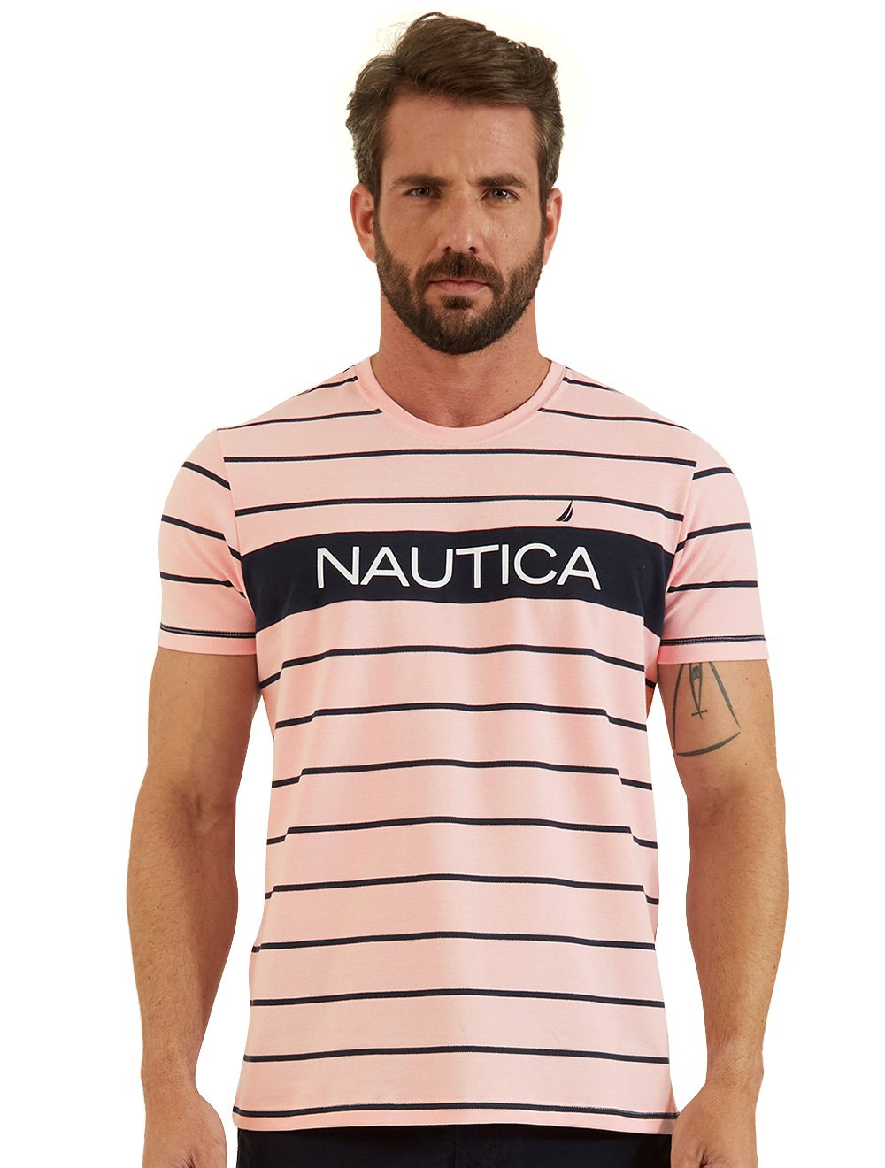 Camiseta Nautica Masculina Piquet Navy Stripes Patch Rosa